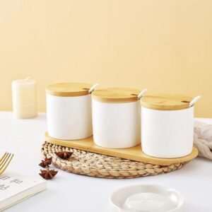 Dany Home Premium 3-Piece Ceramic Condiment Jar Set with Wooden Lid & Tray
