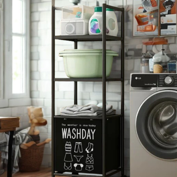 Multi-Tier Laundry Storage Rack with Rolling Wheels Washday Hamper Organizer for Bathroom & Laundry Room