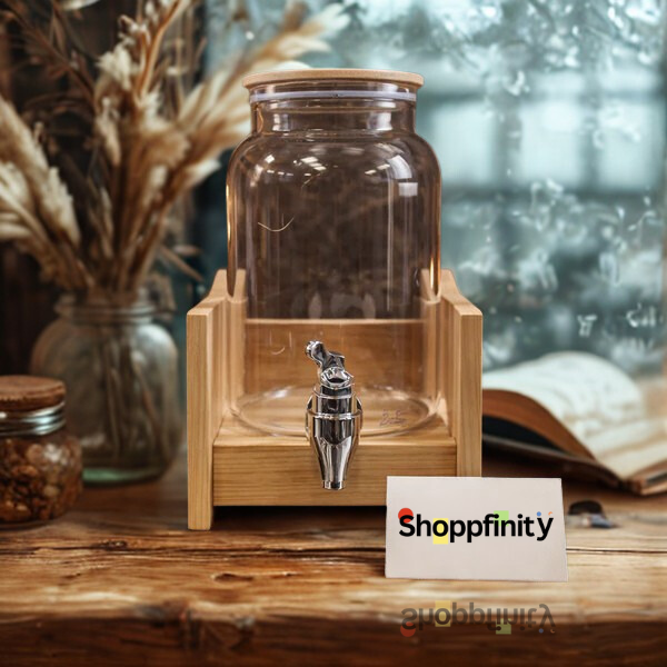 Luxury 2L Glass Water Dispenser with Wooden Stand & Stainless Steel Tap Elegant Beverage Jar for Home & Parties