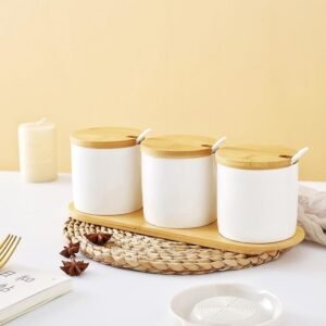 Dany Home Premium 3-Piece Ceramic Condiment Jar Set with Wooden Lid & Tray