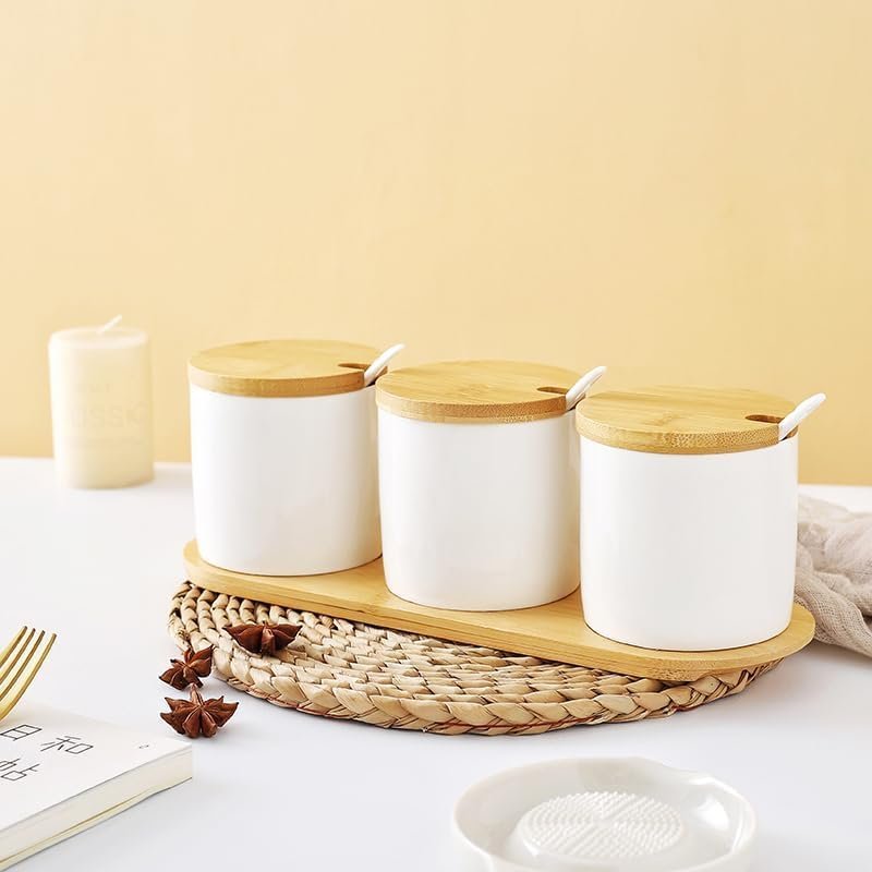 Dany Home Premium 3-Piece Ceramic Condiment Jar Set with Wooden Lid & Tray