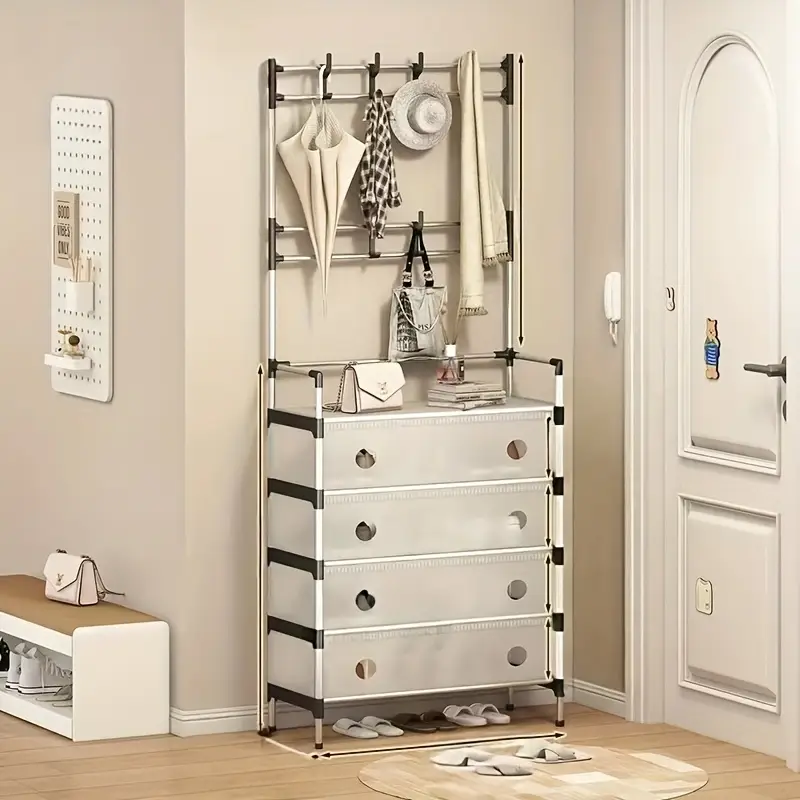 Modern Entryway Shoe Rack with Coat Hooks & Storage Drawers – Dustproof Organizer